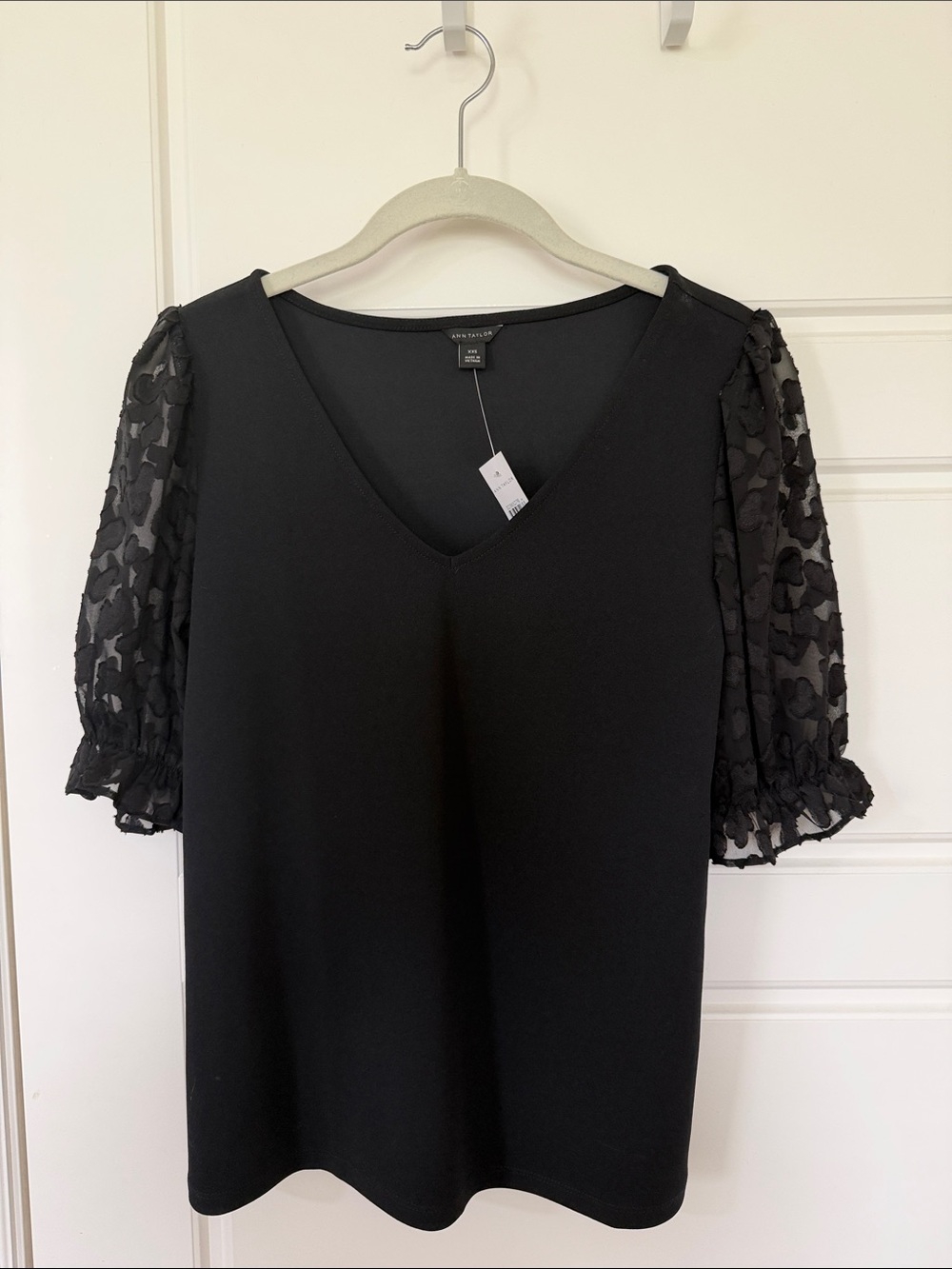 Ann Taylor Black V-Neck Top with Sheer Puff Sleeves